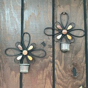 Set of Two Black Metal Flower Wall Candle Holders